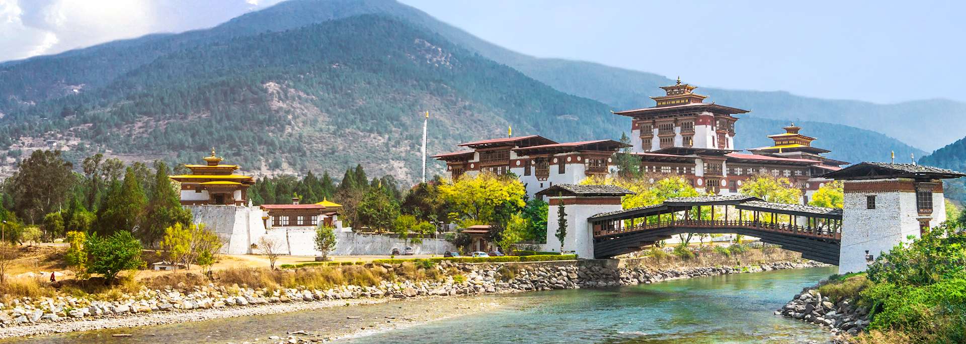 Mountain landscape in Bhutan with traditional architecture