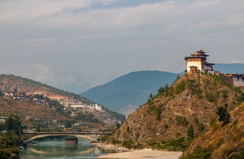 Group of hikers on a mountain trail in Bhutan