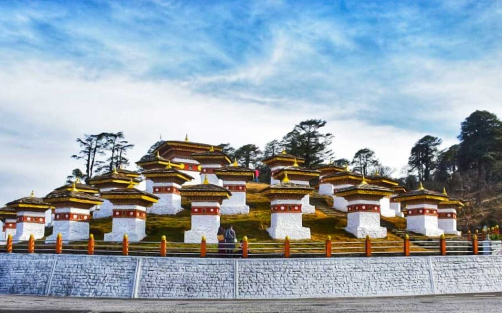 Bhutanese mountain landscape with prayer flags