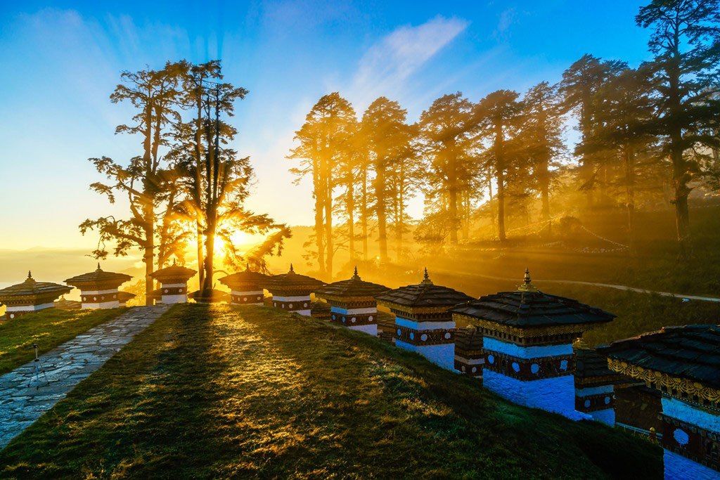 Red rock mountains at sunset in Bhutan