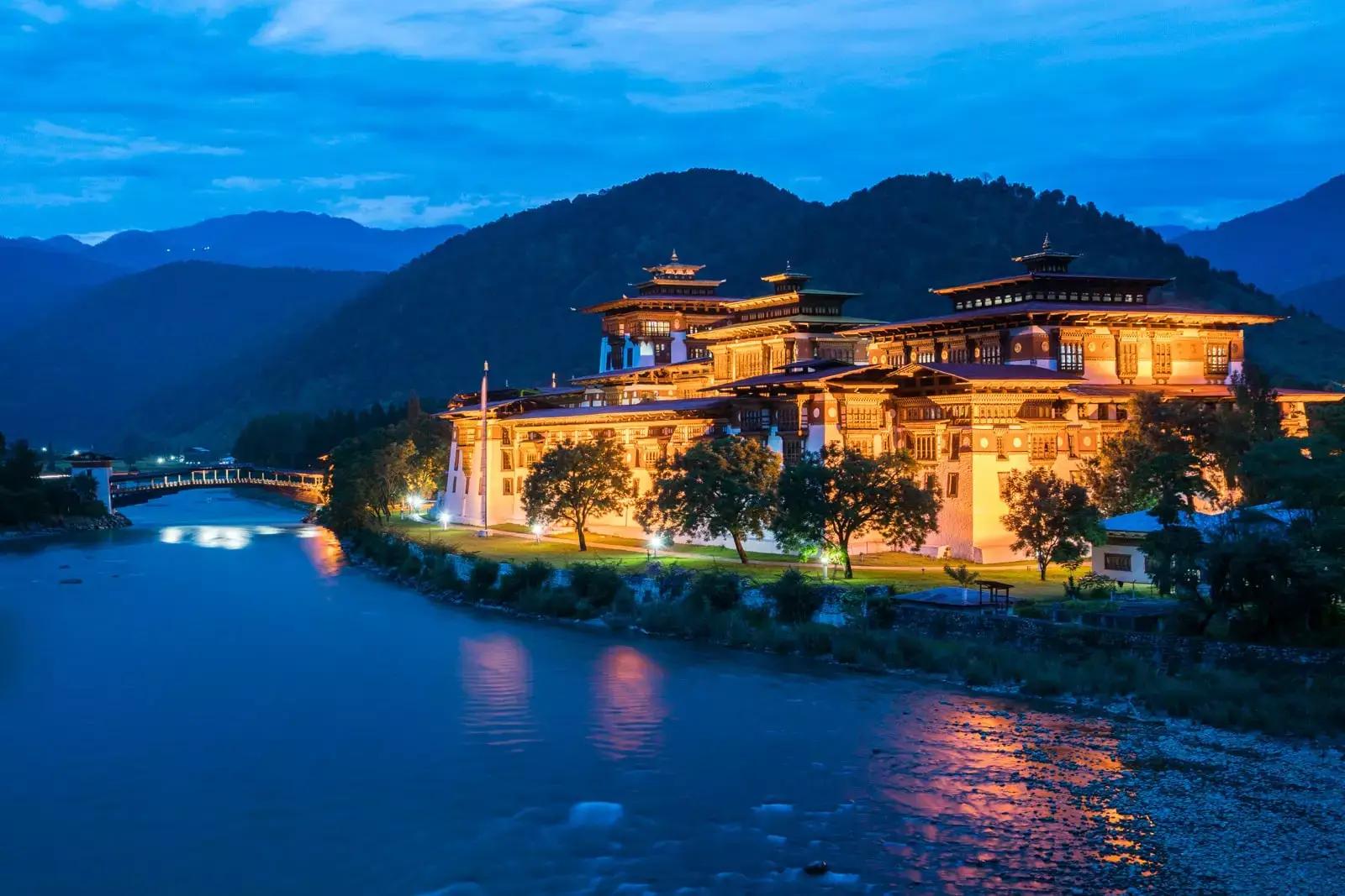 Autumn mountainside with vibrant foliage in Bhutan