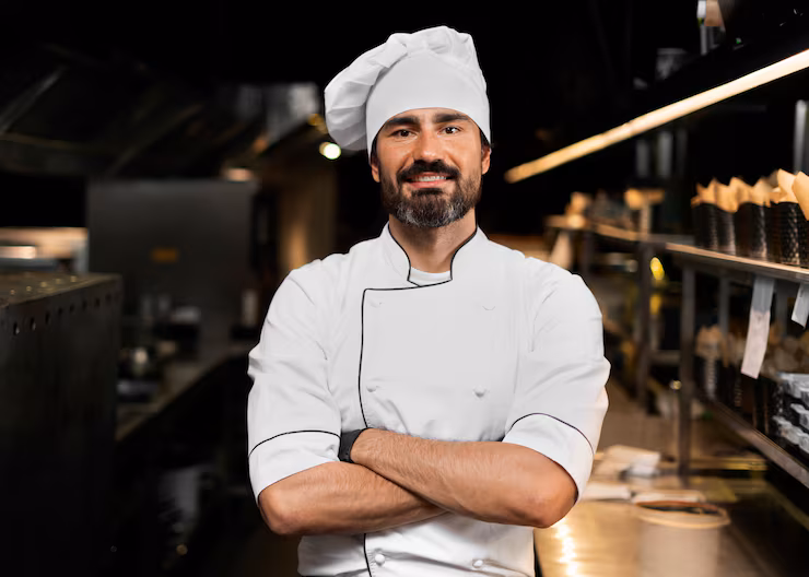 Smiling chef in a white apron