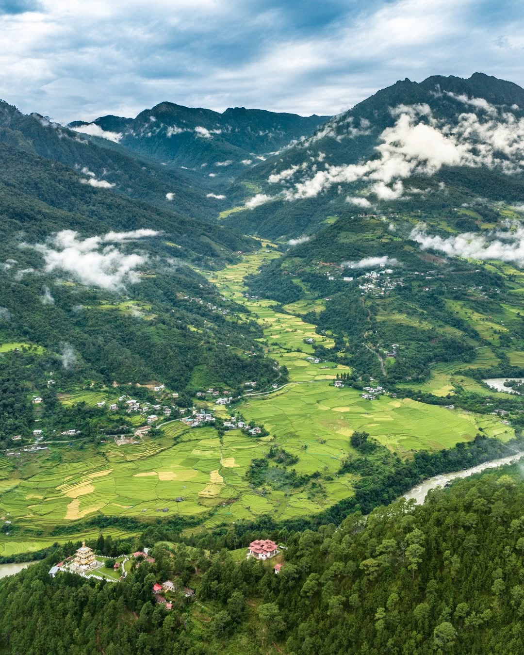 Hikers on a mountain trail in Bhutan